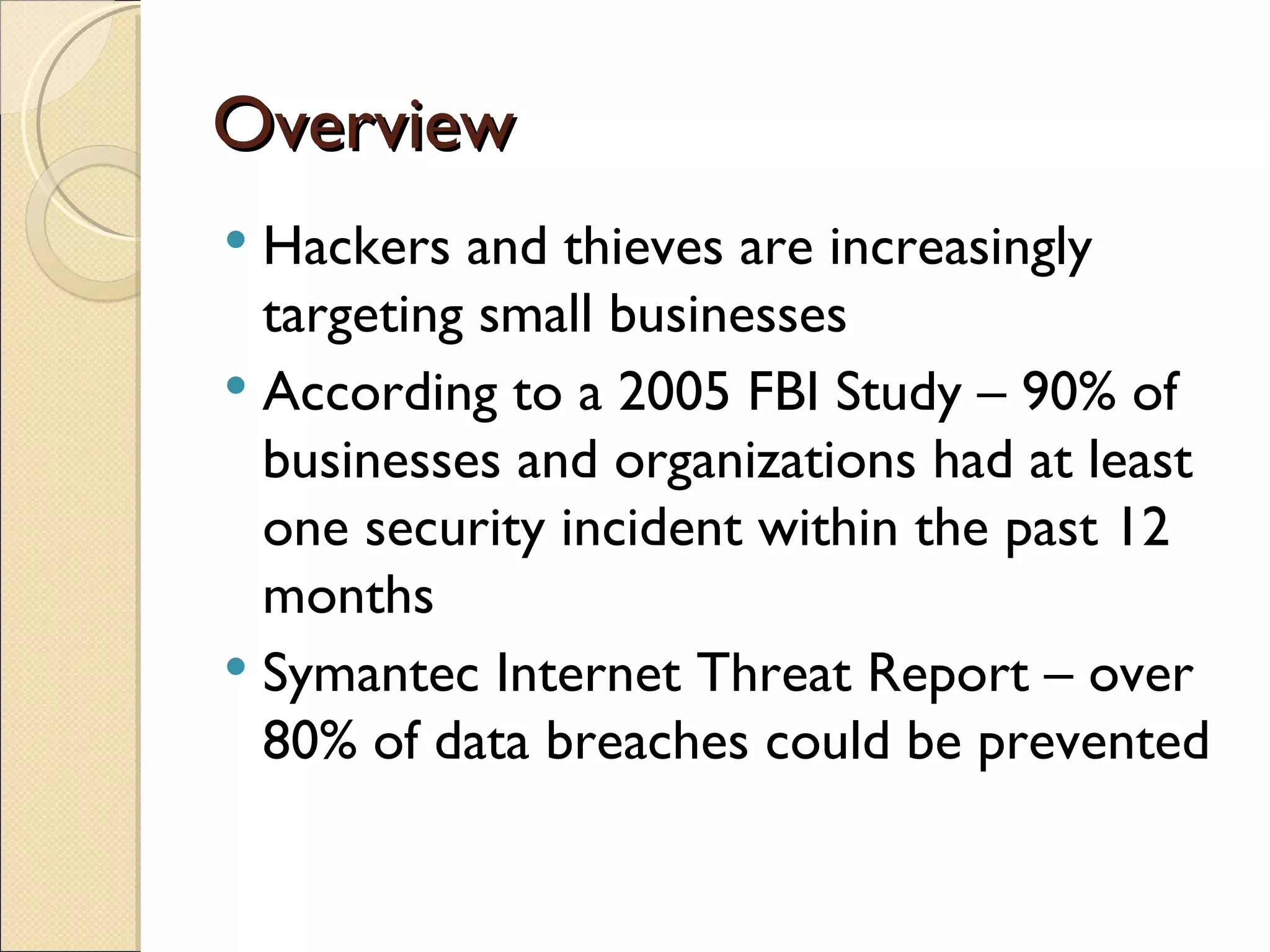Overview Hackers and thieves are increasingly targeting small businesses According to a 2005 FBI Study – 90% of businesses and organizations had at least one security incident within the past 12 months Symantec Internet Threat Report – over 80% of data breaches could be prevented 