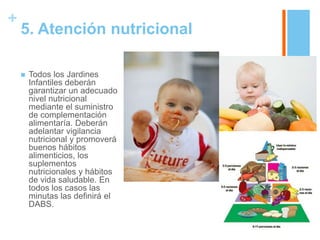 +
    5. Atención nutricional

       Todos los Jardines
        Infantiles deberán
        garantizar un adecuado
        nivel nutricional
        mediante el suministro
        de complementación
        alimentaría. Deberán
        adelantar vigilancia
        nutricional y promoverá
        buenos hábitos
        alimenticios, los
        suplementos
        nutricionales y hábitos
        de vida saludable. En
        todos los casos las
        minutas las definirá el
        DABS.
 