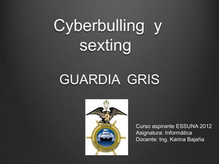 Cyberbulling y
   sexting

GUARDIA GRIS


          Curso aspirante ESSUNA 2012
          Asignatura: Informática
          Docente: Ing. Karina Bajaña
 