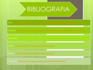 BIBLIOGRAFIA
Scrib: http://es.scribd.com/doc/110019576/Trabajo-de-Word-Grupo-Morado



Youtube: http://www.youtube.com/watch?feature=player_embedded&v=fEubvKnw5Js



Slide Share:



Twitter: https://twitter.com/dj_apaul/guardia-morada



Blogger: http://guardiamoradaarma.blogspot.com/



Facebook: https://www.facebook.com/groups/360544427365044/
 