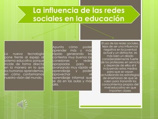La influencia de las redes
                  sociales en la educación


                                                          El uso de las redes sociales,
                             Apunta    cómo     poder      lejos de ser una influencia
                             aprender más y más              negativa en la juventud
La    nueva     tecnología   rápido generando los           actual y un distractor, es
pone frente al espejo al     contextos muy buenos las          más bien un aliado
                                                           considerablemente fuerte
sistema educativo porque     conexiones     y    redes    de los profesores en servicio
incide de forma directa      apropiadas     para     ir      y depende de ellos el ir
en la manera en la que       avanzando muy rápido el        incluyendo estos medios
los humanos aprendemos,      aprendizaje    y   poder          para que se vayan
en cómo conformamos          aprovechar             el    actualizando las estrategias
nuestra visión del mundo.    aprendizaje informal que       de enseñanza de que se
                             se da en las aulas y más        valen para transmitir los
                             allá.                         conocimientos propios del
                                                             nivel educativo en que
                                                                 imparten clases
 