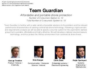 Team Guardian
Affordable and portable drone protection
Number of Consumers Spoken to: 10
Total Number of Consumers Spoken to: 10
Team Guardian is familiar with a wide variety of possible solutions to the problem and the relevant
performance characteristics of existing commercial drone technology. Following a rigid scenario
and requirements analysis we will be able to specify a counter system for the asymmetric warfare
group that is portable, affordable and highly effective. We will develop a tailored countermeasure
technology, and thus protect the military environment from commercial drone threat.
Nick DangerGeorge Tirebiter Clark Cable Ralph Spoilsport
Communication / Computer
Science / Veteran
Product / Veteran /
Chemistry
Embedded systems /
Electrical Engineering
Systems
Engineering /
Mechatronics
Project: Countering Asymmetric Drone Activities
Sponsor: U.S. Army Asymmetric Warfare Group (AWG)
Military Liaisons: John Cogbill and Scott Maytan
 
