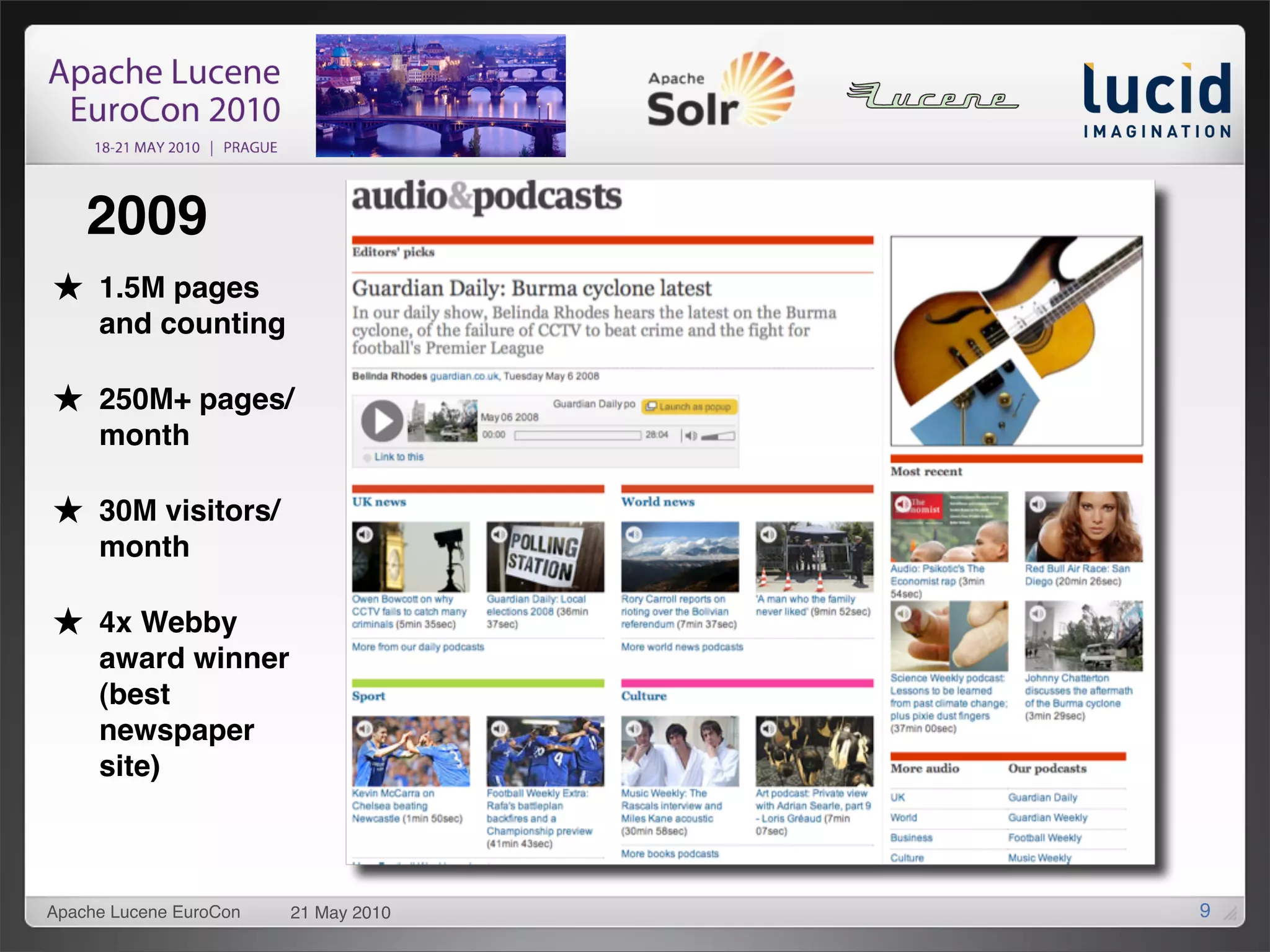 2009
     1.5M pages
     and counting

     250M+ pages/
     month

     30M visitors/
     month

     4x Webby
     award winner
     (best
     newspaper
     site)



Apache Lucene EuroCon   21 May 2010   9
 