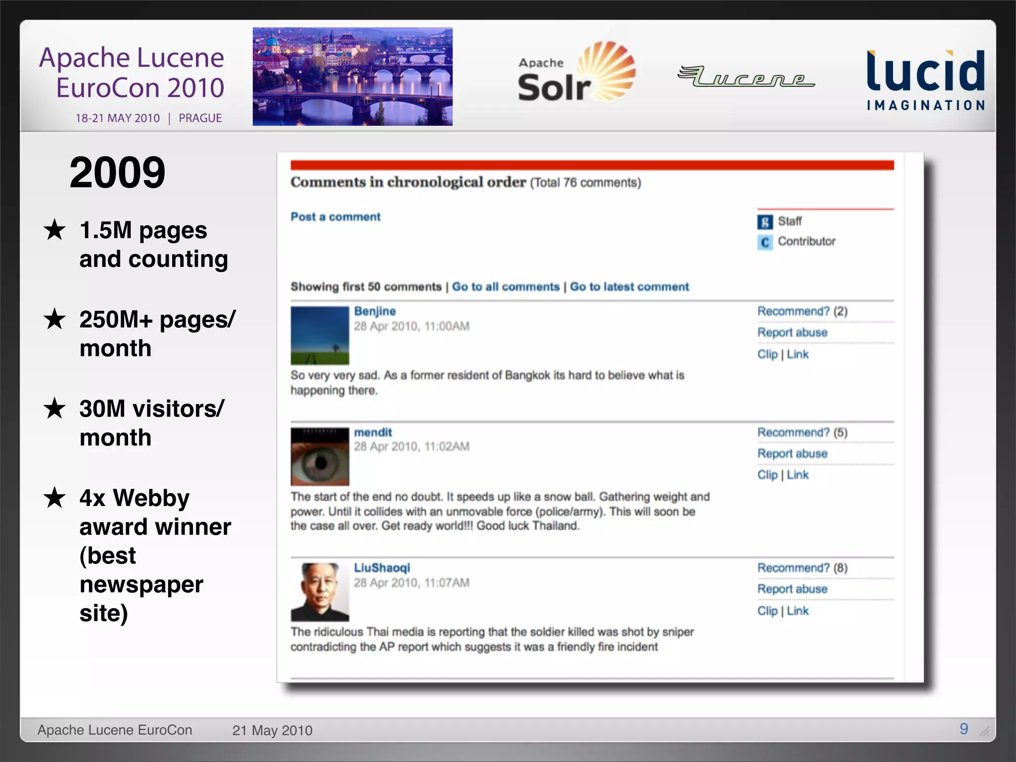 2009
     1.5M pages
     and counting

     250M+ pages/
     month

     30M visitors/
     month

     4x Webby
     award winner
     (best
     newspaper
     site)



Apache Lucene EuroCon   21 May 2010   9
 