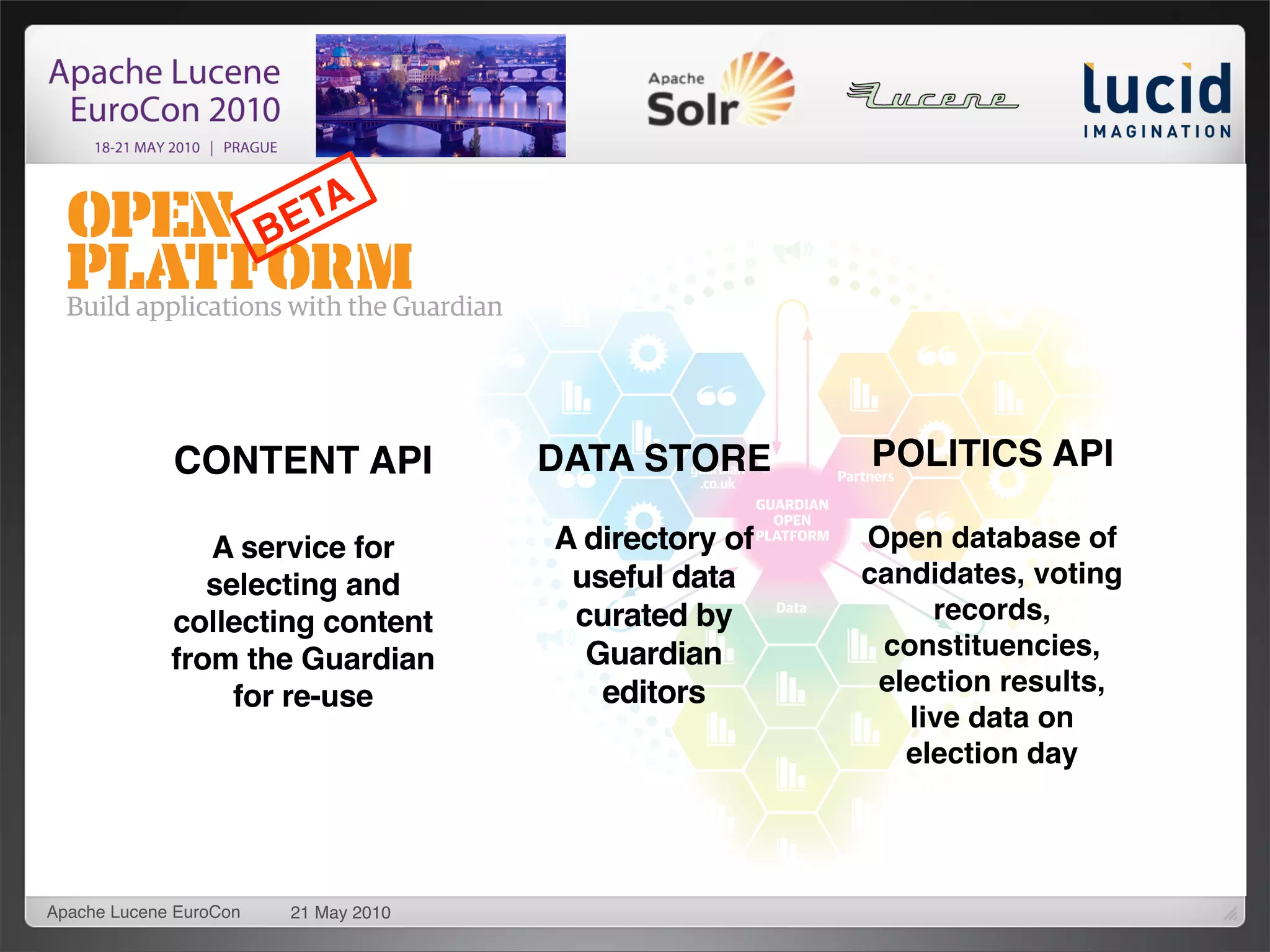 TA
                        BE




             CONTENT API               DATA STORE       POLITICS API

                A service for          A directory of   Open database of
                selecting and           useful data     candidates, voting
             collecting content         curated by           records,
             from the Guardian           Guardian        constituencies,
                                          editors        election results,
                  for re-use
                                                           live data on
                                                           election day




Apache Lucene EuroCon    21 May 2010
 