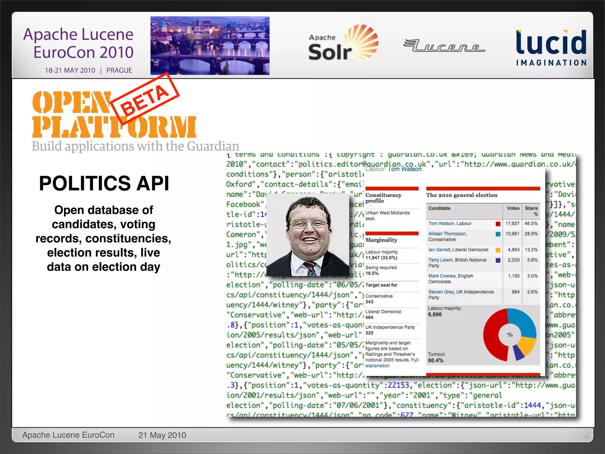 TA
                        BE


   POLITICS API
      Open database of
      candidates, voting
   records, constituencies,
     election results, live
     data on election day




Apache Lucene EuroCon    21 May 2010
 