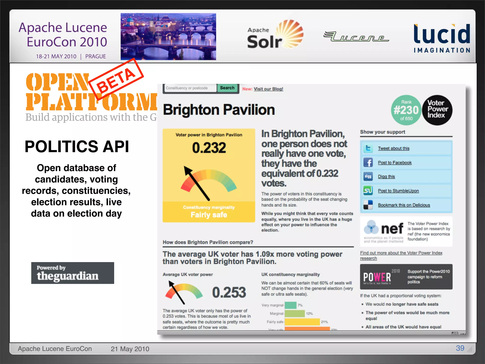 TA
                        BE


 POLITICS API
    Open database of
    candidates, voting
 records, constituencies,
   election results, live
   data on election day




Apache Lucene EuroCon    21 May 2010   39
 