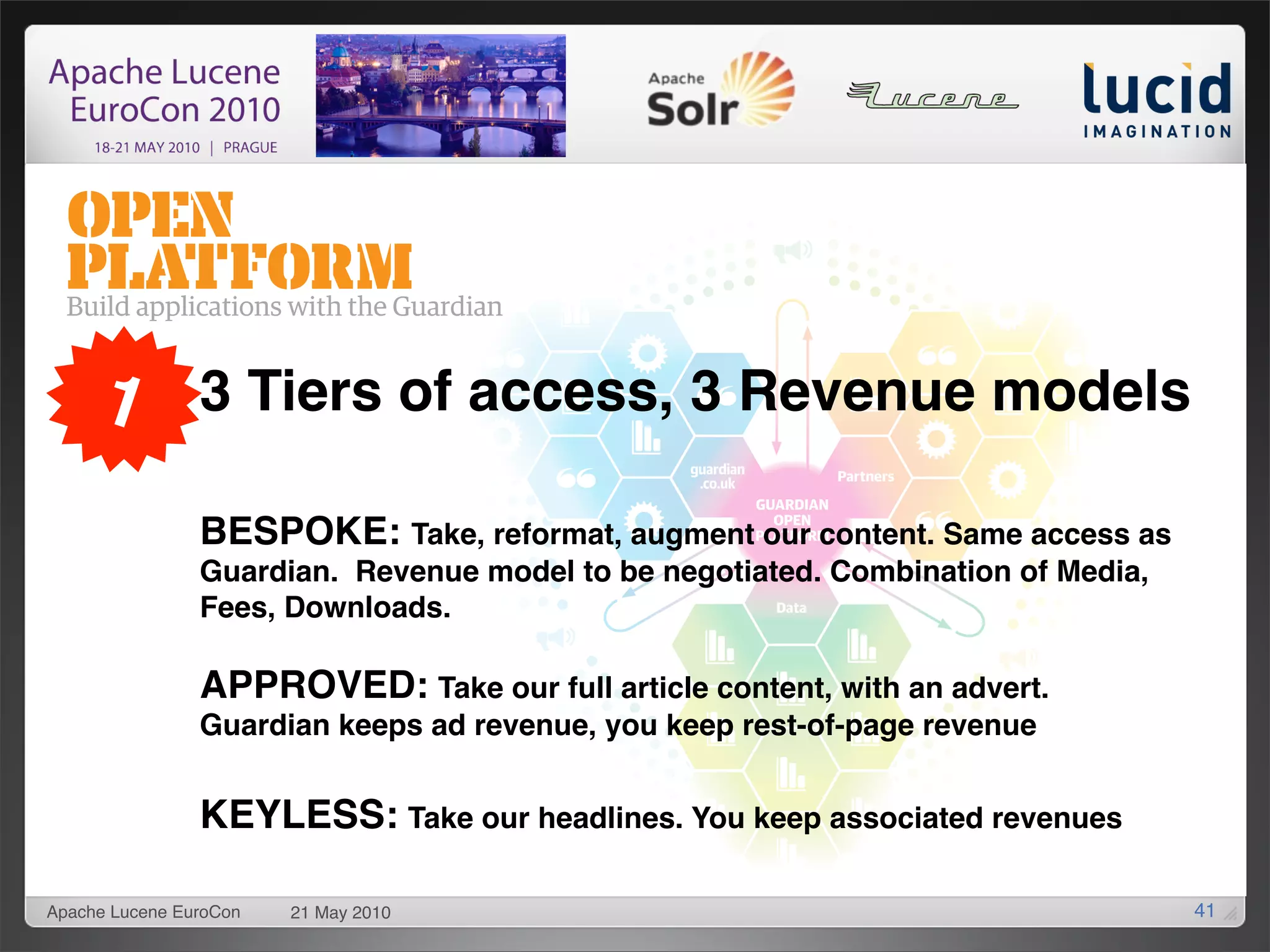 1          3 Tiers of access, 3 Revenue models

                BESPOKE: Take, reformat, augment our content. Same access as
                Guardian. Revenue model to be negotiated. Combination of Media,
                Fees, Downloads.

                APPROVED: Take our full article content, with an advert.
                Guardian keeps ad revenue, you keep rest-of-page revenue


                KEYLESS: Take our headlines. You keep associated revenues

Apache Lucene EuroCon   21 May 2010                                               41
 