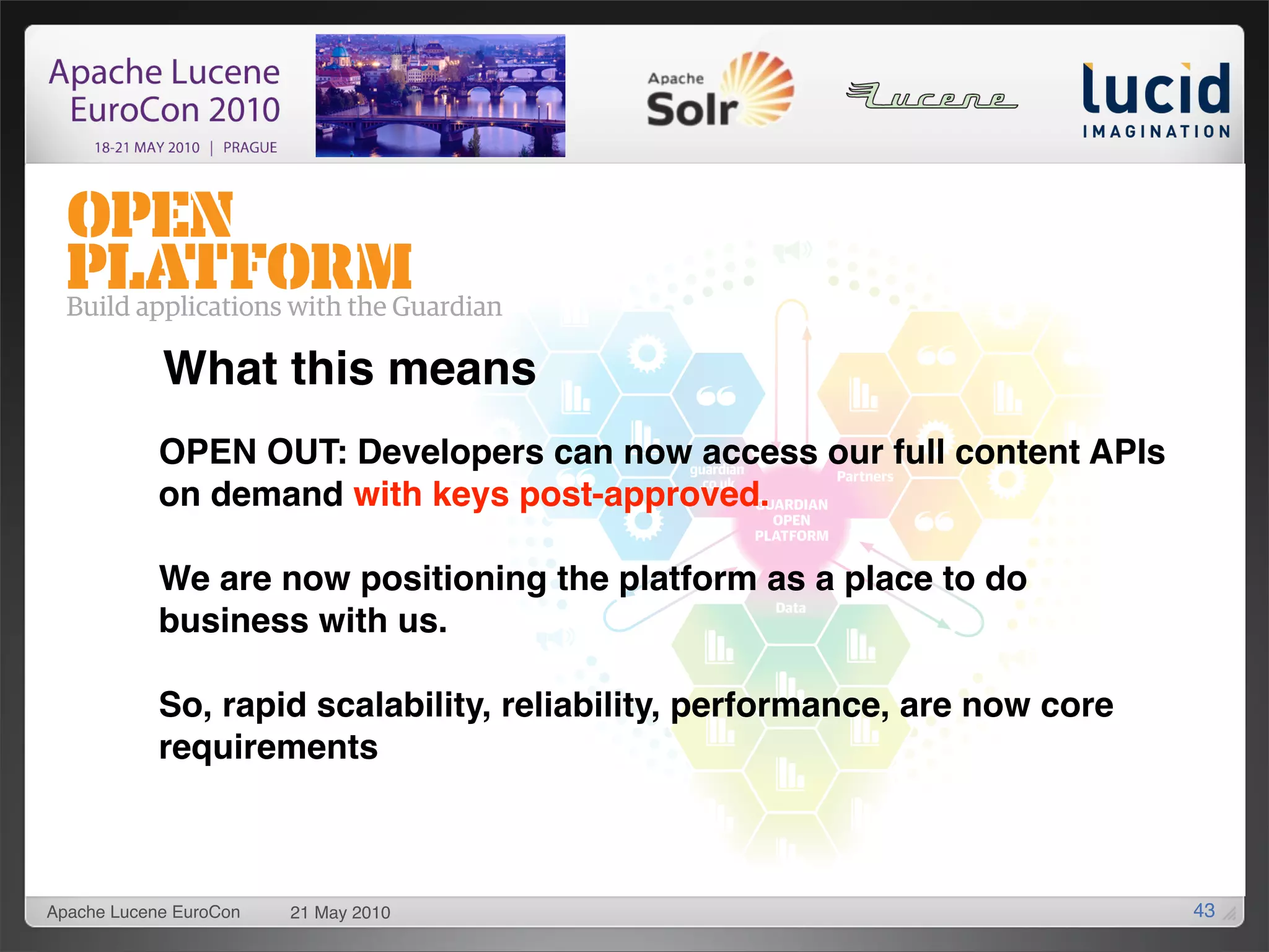 What this means
            OPEN OUT: Developers can now access our full content APIs
            on demand with keys post-approved.

            We are now positioning the platform as a place to do
            business with us.

            So, rapid scalability, reliability, performance, are now core
            requirements



Apache Lucene EuroCon   21 May 2010                                         43
 