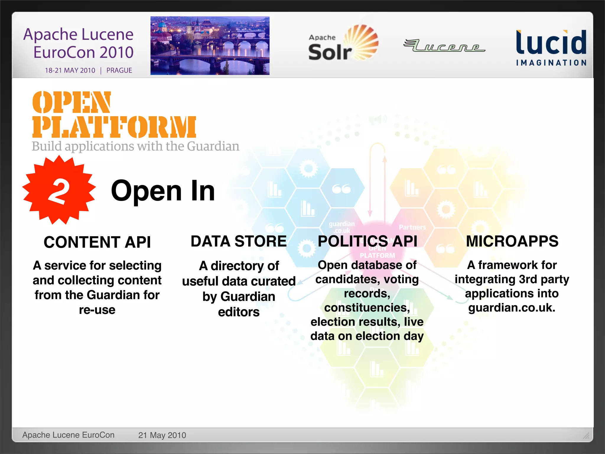 2              Open In
    CONTENT API                       DATA STORE        POLITICS API              MICROAPPS
  A service for selecting          A directory of       Open database of          A framework for
  and collecting content         useful data curated    candidates, voting      integrating 3rd party
  from the Guardian for             by Guardian              records,             applications into
          re-use                       editors            constituencies,          guardian.co.uk.
                                                       election results, live
                                                       data on election day




Apache Lucene EuroCon   21 May 2010
 