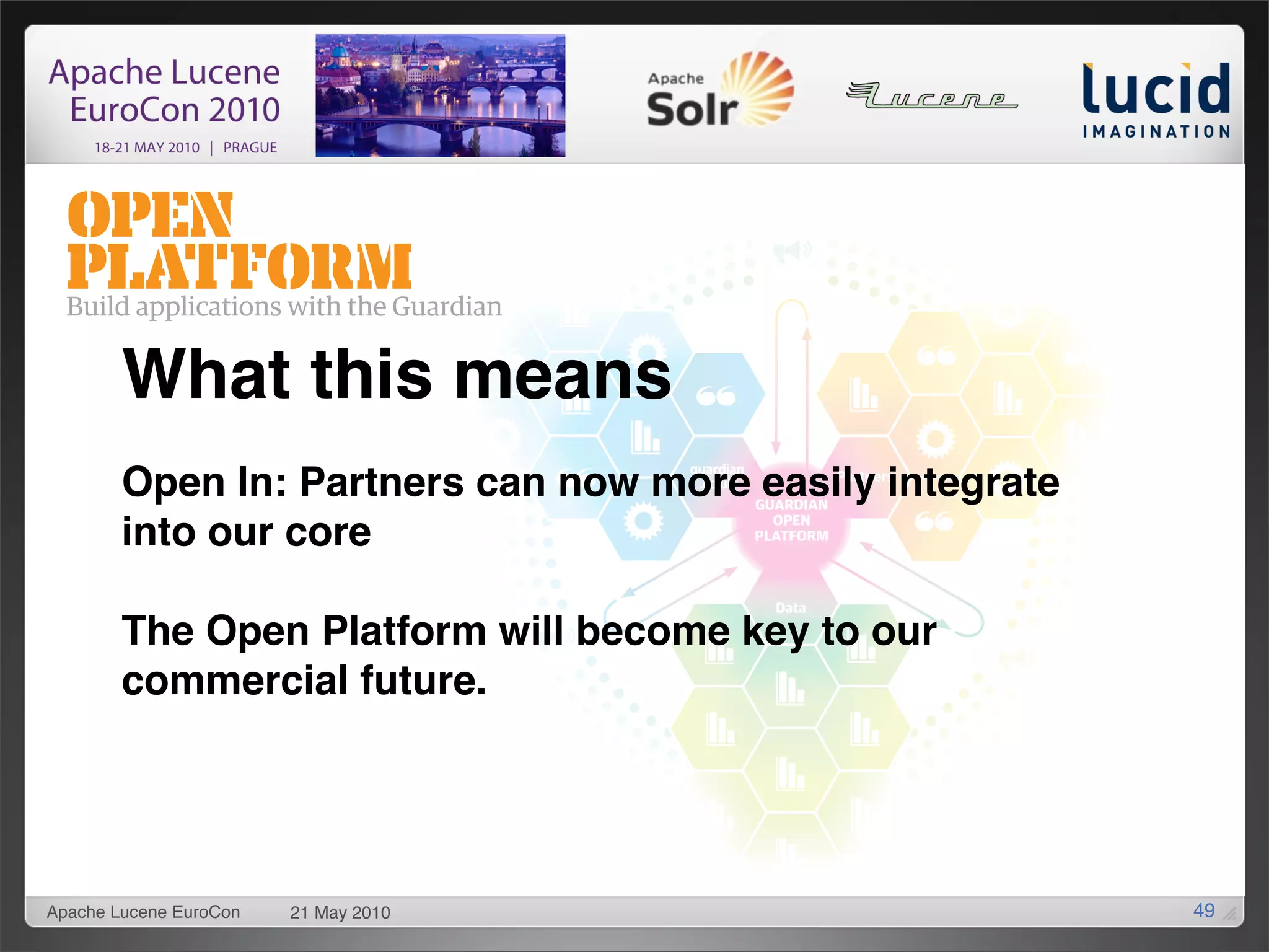 What this means
        Open In: Partners can now more easily integrate
        into our core

        The Open Platform will become key to our
        commercial future.




Apache Lucene EuroCon   21 May 2010                       49
 