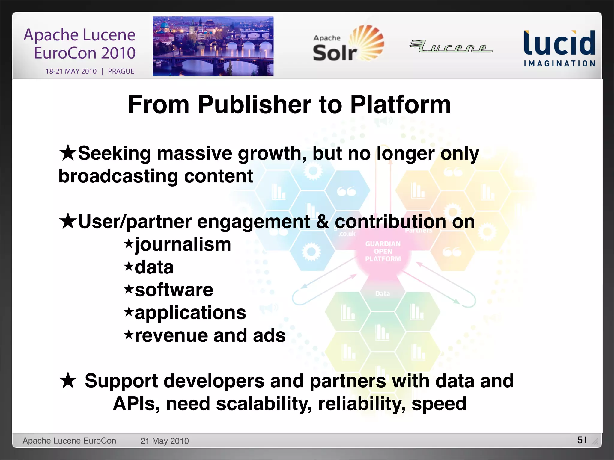 From Publisher to Platform
       ★Seeking massive growth, but no longer only
       broadcasting content

       ★User/partner engagement & contribution on
                        ★journalism
                        ★data
                        ★software
                        ★applications
                        ★revenue       and ads

       ★ Support developers and partners with data and
                    APIs, need scalability, reliability, speed
Apache Lucene EuroCon    21 May 2010                             51
 