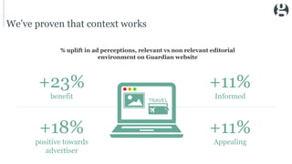 We’ve proven that context works
% uplift in ad perceptions, relevant vs non relevant editorial
environment on Guardian website
+23%
benefit
+18%
positive towards
advertiser
+11%
Informed
+11%
Appealing
 