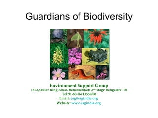 Guardians of Biodiversity Environment Support Group 1572, Outer Ring Road, Banashankari 2 nd  stage Bangalore -70 Tel:91-80-26713559/60 Email:  [email_address]   Website:  www.esgindia.org   