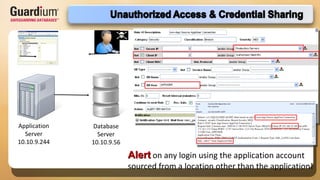 Alert  on any login using the application account sourced from a location other than the application! Application Server 10.10.9.244 Database Server 10.10.9.56 