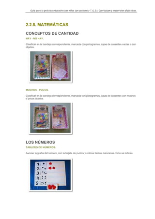 Guía para la práctica educativa con niños con autismo y T.G.D.: Currículum y materiales didácticos.




2.2.8. MATEMÁTICAS

CONCEPTOS DE CANTIDAD
HAY - NO HAY.

Clasificar en la bandeja correspondiente, marcada con pictogramas, cajas de cassettes vacías o con
objetos.




MUCHOS - POCOS.

Clasificar en la bandeja correspondiente, marcada con pictogramas, cajas de cassettes con muchos
o pocos objetos.




LOS NÚMEROS
TABLERO DE NÚMEROS.

Asociar la grafía del número, con la tarjeta de puntos y colocar tantas manzanas como se indican.




                                                                                                  101
 