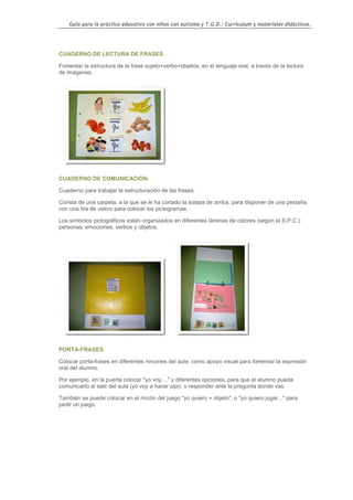 Guía para la práctica educativa con niños con autismo y T.G.D.: Currículum y materiales didácticos.




CUADERNO DE LECTURA DE FRASES.

Fomentar la estructura de la frase sujeto+verbo+objetos, en el lenguaje oral, a través de la lectura
de imágenes.




CUADERNO DE COMUNICACIÓN.

Cuaderno para trabajar la estructuración de las frases.

Consta de una carpeta, a la que se le ha cortado la solapa de arriba, para disponer de una pestaña
con una tira de velcro para colocar los pictogramas.

Los símbolos pictográficos están organizados en diferentes láminas de colores (según el S.P.C.):
personas, emociones, verbos y objetos.




PORTA-FRASES.

Colocar porta-frases en diferentes rincones del aula, como apoyo visual para fomentar la expresión
oral del alumno.

Por ejemplo, en la puerta colocar "yo voy...." y diferentes opciones, para que el alumno pueda
comunicarlo al salir del aula (yo voy a hacer pipi), o responder ante la pregunta donde vas.

También se puede colocar en el rincón del juego "yo quiero + objeto", o "yo quiero jugar..." para
pedir un juego.




                                                                                                    122
 