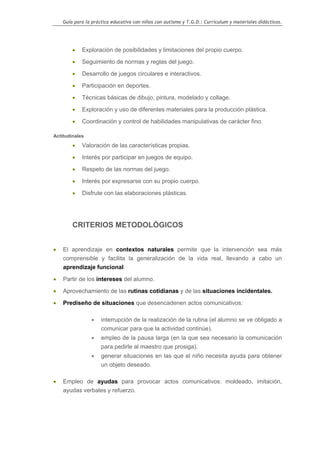 Guía para la práctica educativa con niños con autismo y T.G.D.: Currículum y materiales didácticos.




        •   Exploración de posibilidades y limitaciones del propio cuerpo.

        •   Seguimiento de normas y reglas del juego.

        •   Desarrollo de juegos circulares e interactivos.

        •   Participación en deportes.

        •   Técnicas básicas de dibujo, pintura, modelado y collage.

        •   Exploración y uso de diferentes materiales para la producción plástica.

        •   Coordinación y control de habilidades manipulativas de carácter fino.

Actitudinales

        •   Valoración de las características propias.

        •   Interés por participar en juegos de equipo.

        •   Respeto de las normas del juego.

        •   Interés por expresarse con su propio cuerpo.

        •   Disfrute con las elaboraciones plásticas.




        CRITERIOS METODOLÓGICOS


•   El aprendizaje en contextos naturales permite que la intervención sea más
    comprensible y facilita la generalización de la vida real, llevando a cabo un
    aprendizaje funcional.

•   Partir de los intereses del alumno.

•   Aprovechamiento de las rutinas cotidianas y de las situaciones incidentales.

•   Prediseño de situaciones que desencadenen actos comunicativos:

                •    interrupción de la realización de la rutina (el alumno se ve obligado a
                     comunicar para que la actividad continúe).
                •    empleo de la pausa larga (en la que sea necesario la comunicación
                     para pedirle al maestro que prosiga).
                •    generar situaciones en las que el niño necesita ayuda para obtener
                     un objeto deseado.

•   Empleo de ayudas para provocar actos comunicativos: moldeado, imitación,
    ayudas verbales y refuerzo.




                                                                                                    14
 