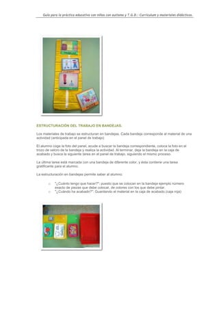 Guía para la práctica educativa con niños con autismo y T.G.D.: Currículum y materiales didácticos.




ESTRUCTURACIÓN DEL TRABAJO EN BANDEJAS.

Los materiales de trabajo se estructuran en bandejas. Cada bandeja corresponde al material de una
actividad (anticipada en el panel de trabajo)

El alumno coge la foto del panel, acude a buscar la bandeja correspondiente, coloca la foto en el
trozo de velcro de la bandeja y realiza la actividad. Al terminar, deja la bandeja en la caja de
acabado y busca la siguiente tarea en el panel de trabajo, siguiendo el mismo proceso.

La última tarea está marcada con una bandeja de diferente color, y ésta contiene una tarea
gratificante para el alumno.

La estructuración en bandejas permite saber al alumno:

       o   "¿Cuánto tengo que hacer?": puesto que se colocan en la bandeja ejemplo número
           exacto de piezas que debe colocar, de colores con los que debe pintar.
       o   "¿Cuándo ha acabado?": Guardando el material en la caja de acabado.(caja roja)




                                                                                                    46
 