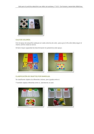 Guía para la práctica educativa con niños con autismo y T.G.D.: Currículum y materiales didácticos.




CAJA DE COLORES.

Con el apoyo de pequeños apliques en cada columna de color, para que el niño sólo deba seguir el
mismo camino hasta la ranura.

Si tiene mayor capacidad de discriminación le quitaremos este apoyo.




CLASIFICACIÓN DE OBJETOS POR BANDEJAS.

Se clasificarán objetos de diferentes colores, pero iguales entre sí.

Y también objetos diferentes entre sí, atendiendo al color.




                                                                                                    75
 