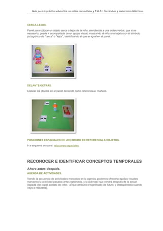 Guía para la práctica educativa con niños con autismo y T.G.D.: Currículum y materiales didácticos.




CERCA-LEJOS.

Panel para colocar un objeto cerca o lejos de la niña, atendiendo a una orden verbal, que si es
necesario, puede ir acompañada de un apoyo visual, mostrando al niño una tarjeta con el símbolo
pictográfico de "cerca" o "lejos", identificando el que es igual en el panel.




DELANTE-DETRÁS.

Colocar los objetos en el panel, teniendo como referencia el muñeco.




POSICIONES ESPACIALES DE UNO MISMO EN REFERENCIA A OBJETOS.

Ir a esquema corporal: relaciones espaciales.




RECONOCER E IDENTIFICAR CONCEPTOS TEMPORALES
Ahora-antes-después.
AGENDA DE ACTIVIDADES.

Viendo la secuencia de actividades marcadas en la agenda, podemos ofrecerle ayudas visuales
marcando la actividad pasada (antes) girándola, y la actividad que vendrá después de la actual
(tapada con papel acetato de color, -al que atribuirá el significado de futuro- y destapándola cuando
vaya a realizarla).




                                                                                                    87
 