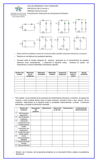 GUIA DE APRENDIZAJE: FASE: PLANEACIÓN
                               G06-9543-01 /04-12 versión 1
                               PROCESO: Diseño Curricular
REGIONAL VALLE DEL CAUCA       Procedimiento: Elaboración y/o Actualización de Diseños
PROGRAMA DE INTEGRACIÓN
  CON LA MEDIA TÉCNICA
                               Curriculares




       o       Realice prácticas de soldadura en placas de circuito para soldar y desoldar componentes electrónicos y conectores.
       o       Plasmar en una bitácora los resultados obtenidos.

       o       Consulte sobre el manejo integrado de residuos generados en el mantenimiento de aparatos
               eléctricos como computadores; y desarrolle la siguiente matriz, Teniendo en cuenta los
               lineamientos y normas ambientales colombianas vigentes.



           Nombre del         Materiales        Materiales        Materiales       Sustancias        Reacción          Riesgo
            residuo             que lo          reciclables        valiosos        peligrosas        pasiva o         ambiental
                              componen                                                                activa




  o        Para realizar el uso indicado de los productos de mantenimiento preventivo y correctivo de equipos de
           cómputo y evitar posibles efectos sobre el medio ambiente, consulte la ficha u hoja técnica de los
           productos relacionados en la siguiente matriz y complétela. Adicionalmente consulte 3 productos
           adicionales y complete la información solicitada.

                   Nombre del         Descripción      Aplicaciones       Instruccion     Precauciones        Condiciones de
                    producto              del                              es de uso:                         almacenamiento
                                       producto
           1      QD limpiador
                   electrónico
           2     wd-40 Aerosol
                    multiusos
           3       Lubricante
                penetrante 5-56
                multipropósitos
           4          Aceite
                 lubricante/ uso
                   electrónico
           5    Acelerante para
                  soldar estaño
           6          crema
                desmanchadora
                     BINNER
           7    Grasa lubricante
                     Printed
           8    Silicona térmica



   o       Elabore las 2 matrices del componente ambiental, en un documento Word y súbalo a la plataforma
           Blackboard.
 