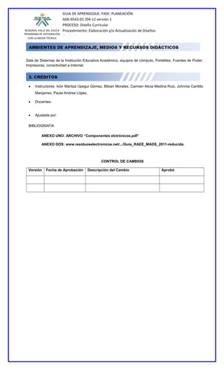 GUIA DE APRENDIZAJE: FASE: PLANEACIÓN
                           G06-9543-01 /04-12 versión 1
                           PROCESO: Diseño Curricular
REGIONAL VALLE DEL CAUCA   Procedimiento: Elaboración y/o Actualización de Diseños
PROGRAMA DE INTEGRACIÓN
  CON LA MEDIA TÉCNICA
                           Curriculares




 Sala de Sistemas de la Institución Educativa Académico, equipos de cómputo, Portátiles, Fuentes de Poder,
 Impresoras, conectividad a Internet.




  •    Instructores: Ivón Maritza Upegui Gómez, Bibian Morales, Carmen Alicia Medina Ruiz, Johnnie Cantillo
       Manjarres, Paula Andrea López.

  •    Docentes:


  •    Ajustada por:

  BIBLIOGRAFÍA

           ANEXO UNO: ARCHIVO “Componentes elctrónicos.pdf”

           ANEXO DOS: www.residuoselectronicos.net/.../Guia_RAEE_MADS_2011-reducida.



                                                 CONTROL DE CAMBIOS

  Versión     Fecha de Aprobación        Descripción del Cambio                      Aprobó
 
