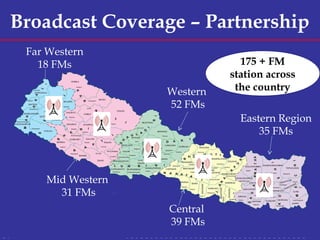 Broadcast Coverage – Partnership
Far Western
18 FMs
Mid Western
31 FMs
Western
52 FMs
Eastern Region
35 FMs
Central
39 FMs...