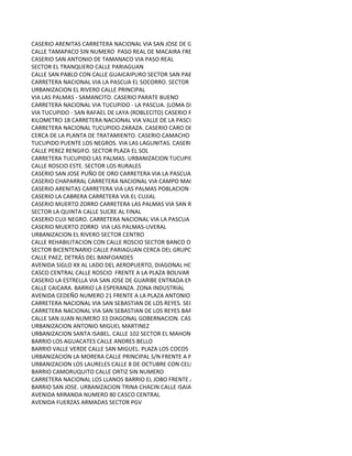 CASERIO ARENITAS CARRETERA NACIONAL VIA SAN JOSE DE GUARIBE
CALLE TAMAPACO SIN NUMERO PASO REAL DE MACAIRA FRENTE A LA PLAZA BOLIVAR
CASERIO SAN ANTONIO DE TAMANACO VIA PASO REAL
SECTOR EL TRANQUERO CALLE PARIAGUAN
CALLE SAN PABLO CON CALLE GUAICAIPURO SECTOR SAN PABLO
CARRETERA NACIONAL VIA LA PASCUA EL SOCORRO. SECTOR RURAL. CASERIO LOS LEONES
URBANIZACION EL RIVERO CALLE PRINCIPAL
VIA LAS PALMAS - SAMANCITO. CASERIO PARATE BUENO
CARRETERA NACIONAL VIA TUCUPIDO - LA PASCUA. (LOMA DE PIEDRA) CASERIO EL JABILLO
VIA TUCUPIDO - SAN RAFAEL DE LAYA (ROBLECITO) CASERIO ROMANERO
KILOMETRO 18 CARRETERA NACIONAL VIA VALLE DE LA PASCUA-EL SOCORRO. CASERIO BELLA VISTA
CARRETERA NACIONAL TUCUPIDO-ZARAZA. CASERIO CARO DE LA NEGRA
CERCA DE LA PLANTA DE TRATAMIENTO. CASERIO CAMACHO
TUCUPIDO PUENTE LOS NEGROS. VIA LAS LAGUNITAS. CASERIO CERRO GRANDE
CALLE PEREZ RENGIFO. SECTOR PLAZA EL SOL
CARRETERA TUCUPIDO LAS PALMAS. URBANIZACION TUCUPIDO. CASERIO EL JOBO
CALLE ROSCIO ESTE. SECTOR LOS RURALES
CASERIO SAN JOSE PUÑO DE ORO CARRETERA VIA LA PASCUA-TUCUPIDO
CASERIO CHAPARRAL CARRETERA NACIONAL VIA CAMPO MACOYA
CASERIO ARENITAS CARRETERA VIA LAS PALMAS POBLACION EL MEDANO
CASERIO LA CABRERA CARRETERA VIA EL CUJIAL
CASERIO MUERTO ZORRO CARRETERA LAS PALMAS VIA SAN RAFAEL DE LAYA
SECTOR LA QUINTA CALLE SUCRE AL FINAL
CASERIO CUJI NEGRO. CARRETERA NACIONAL VIA LA PASCUA
CASERIO MUERTO ZORRO VIA LAS PALMAS-UVERAL
URBANIZACION EL RIVERO SECTOR CENTRO
CALLE REHABILITACION CON CALLE ROSCIO SECTOR BANCO OBRERO
SECTOR BICENTENARIO CALLE PARIAGUAN CERCA DEL GRUPO ESCOLAR NARCISO L. CAMACHO
CALLE PAEZ, DETRÁS DEL BANFOANDES
AVENIDA SIGLO XX AL LADO DEL AEROPUERTO, DIAGONAL HOSPITAL DR. PEDRO ANTONIO DEL CORRAL
CASCO CENTRAL CALLE ROSCIO FRENTE A LA PLAZA BOLIVAR
CASERIO LA ESTRELLA VIA SAN JOSE DE GUARIBE ENTRADA EN SAN RAFAEL DE LAYA
CALLE CAICARA. BARRIO LA ESPERANZA. ZONA INDUSTRIAL
AVENIDA CEDEÑO NUMERO 21 FRENTE A LA PLAZA ANTONIO MIGUEL MARTINEZ. CASCO CENTRAL
CARRETERA NACIONAL VIA SAN SEBASTIAN DE LOS REYES. SECTOR LAS PALMAS. CERCA DE LA ALCABALA
CARRETERA NACIONAL VIA SAN SEBASTIAN DE LOS REYES BARRIO LAS MAJAGUAS
CALLE SAN JUAN NUMERO 33 DIAGONAL GOBERNACION. CASCO CENTRAL
URBANIZACION ANTONIO MIGUEL MARTINEZ
URBANIZACION SANTA ISABEL. CALLE 102 SECTOR EL MAHONO. 50 METROS DE LA CASA CUNA
BARRIO LOS AGUACATES CALLE ANDRES BELLO
BARRIO VALLE VERDE CALLE SAN MIGUEL. PLAZA LOS COCOS
URBANIZACION LA MORERA CALLE PRINCIPAL S/N FRENTE A PUNELLARG
URBANIZACION LOS LAURELES CALLE 8 DE OCTUBRE CON CELLAJON ESPAÑA
BARRIO CAMORUQUITO CALLE ORTIZ SIN NUMERO
CARRETERA NACIONAL LOS LLANOS BARRIO EL JOBO FRENTE A LA POLAR
BARRIO SAN JOSE. URBANIZACION TRINA CHACIN CALLE ISAIAS MEDINA ANGARITA
AVENIDA MIRANDA NUMERO 80 CASCO CENTRAL
AVENIDA FUERZAS ARMADAS SECTOR PGV
 