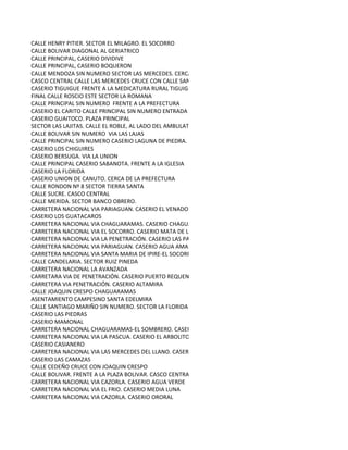 CALLE HENRY PITIER. SECTOR EL MILAGRO. EL SOCORRO
CALLE BOLIVAR DIAGONAL AL GERIATRICO
CALLE PRINCIPAL, CASERIO DIVIDIVE
CALLE PRINCIPAL, CASERIO BOQUERON
CALLE MENDOZA SIN NUMERO SECTOR LAS MERCEDES. CERCA DE LA CAPILLA LAS MERCEDES
CASCO CENTRAL CALLE LAS MERCEDES CRUCE CON CALLE SAN JUAN Nº 2 FRENTE A LA PLAZA BOLIVAR
CASERIO TIGUIGUE FRENTE A LA MEDICATURA RURAL TIGUIGUE
FINAL CALLE ROSCIO ESTE SECTOR LA ROMANA
CALLE PRINCIPAL SIN NUMERO FRENTE A LA PREFECTURA
CASERIO EL CARITO CALLE PRINCIPAL SIN NUMERO ENTRADA AL FINAL
CASERIO GUAITOCO. PLAZA PRINCIPAL
SECTOR LAS LAJITAS. CALLE EL ROBLE, AL LADO DEL AMBULATORIO
CALLE BOLIVAR SIN NUMERO VIA LAS LAJAS
CALLE PRINCIPAL SIN NUMERO CASERIO LAGUNA DE PIEDRA. PUESTO POLICIAL ZONA 1
CASERIO LOS CHIGUIRES
CASERIO BERSUGA. VIA LA UNION
CALLE PRINCIPAL CASERIO SABANOTA. FRENTE A LA IGLESIA
CASERIO LA FLORIDA
CASERIO UNION DE CANUTO. CERCA DE LA PREFECTURA
CALLE RONDON Nº 8 SECTOR TIERRA SANTA
CALLE SUCRE. CASCO CENTRAL
CALLE MERIDA. SECTOR BANCO OBRERO.
CARRETERA NACIONAL VIA PARIAGUAN. CASERIO EL VENADO
CASERIO LOS GUATACAROS
CARRETERA NACIONAL VIA CHAGUARAMAS. CASERIO CHAGUARAMAL DE MAYORGA
CARRETERA NACIONAL VIA EL SOCORRO. CASERIO MATA DE LOS INDIOS.
CARRETERA NACIONAL VIA LA PENETRACIÓN. CASERIO LAS PARAULATAS
CARRETERA NACIONAL VIA PARIAGUAN. CASERIO AGUA AMARILLA
CARRETERA NACIONAL VIA SANTA MARIA DE IPIRE-EL SOCORRO. CASERIO EL MANGUITO
CALLE CANDELARIA. SECTOR RUIZ PINEDA
CARRETERA NACIONAL LA AVANZADA
CARRETARA VIA DE PENETRACIÓN. CASERIO PUERTO REQUENA
CARRETERA VIA PENETRACIÓN. CASERIO ALTAMIRA
CALLE JOAQUIN CRESPO CHAGUARAMAS
ASENTAMIENTO CAMPESINO SANTA EDELMIRA
CALLE SANTIAGO MARIÑO SIN NUMERO. SECTOR LA FLORIDA I.
CASERIO LAS PIEDRAS
CASERIO MAMONAL
CARRETERA NACIONAL CHAGUARAMAS-EL SOMBRERO. CASERIO PAJA BRAVA
CARRETERA NACIONAL VIA LA PASCUA. CASERIO EL ARBOLITO
CASERIO CASIANERO
CARRETERA NACIONAL VIA LAS MERCEDES DEL LLANO. CASERIO COSTA DE PARIA.
CASERIO LAS CAMAZAS
CALLE CEDEÑO CRUCE CON JOAQUIN CRESPO
CALLE BOLIVAR. FRENTE A LA PLAZA BOLIVAR. CASCO CENTRAL
CARRETERA NACIONAL VIA CAZORLA. CASERIO AGUA VERDE
CARRETERA NACIONAL VIA EL FRIO. CASERIO MEDIA LUNA
CARRETERA NACIONAL VIA CAZORLA. CASERIO ORORAL
 