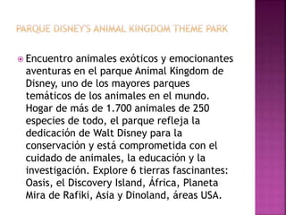 Encuentro animales exóticos y emocionantes
aventuras en el parque Animal Kingdom de
Disney, uno de los mayores parques
temáticos de los animales en el mundo.
Hogar de más de 1.700 animales de 250
especies de todo, el parque refleja la
dedicación de Walt Disney para la
conservación y está comprometida con el
cuidado de animales, la educación y la
investigación. Explore 6 tierras fascinantes:
Oasis, el Discovery Island, África, Planeta
Mira de Rafiki, Asia y Dinoland, áreas USA.
 