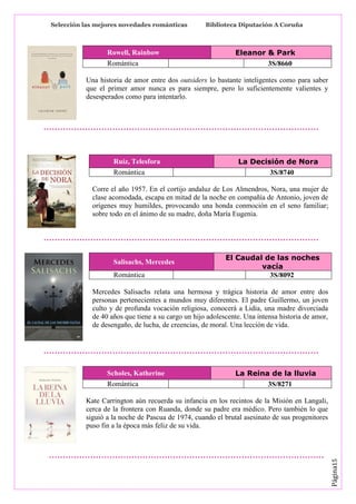 Selección las mejores novedades románticas

Rowell, Rainbow
Romántica

Biblioteca Diputación A Coruña

Eleanor & Park
3S/8660

Una historia de amor entre dos outsiders lo bastante inteligentes como para saber
que el primer amor nunca es para siempre, pero lo suficientemente valientes y
desesperados como para intentarlo.

Ruíz, Telesfora
Romántica

La Decisión de Nora
3S/8740

Corre el año 1957. En el cortijo andaluz de Los Almendros, Nora, una mujer de
clase acomodada, escapa en mitad de la noche en compañía de Antonio, joven de
orígenes muy humildes, provocando una honda conmoción en el seno familiar;
sobre todo en el ánimo de su madre, doña María Eugenia.

Salisachs, Mercedes
Romántica

El Caudal de las noches
vacía
3S/8092

Mercedes Salisachs relata una hermosa y trágica historia de amor entre dos
personas pertenecientes a mundos muy diferentes. El padre Guillermo, un joven
culto y de profunda vocación religiosa, conocerá a Lidia, una madre divorciada
de 40 años que tiene a su cargo un hijo adolescente. Una intensa historia de amor,
de desengaño, de lucha, de creencias, de moral. Una lección de vida.

Scholes, Katherine
Romántica

La Reina de la lluvia
3S/8271

Página15

Kate Carrington aún recuerda su infancia en los recintos de la Misión en Langali,
cerca de la frontera con Ruanda, donde su padre era médico. Pero también lo que
siguió a la noche de Pascua de 1974, cuando el brutal asesinato de sus progenitores
puso fin a la época más feliz de su vida.

 
