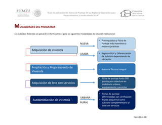 “Guía de aplicación del Anexo de Puntaje de las Reglas de Operación para
Desarrolladores y Verificadores 2014”

MODALIDADES DEL PROGRAMA
Los subsidios federales se aplicarán en forma directa para las siguientes modalidades de solución habitacional:

NUEVA

• Prerrequisitos y Ficha de
Puntaje más incentivos a
mejores prácticas

Adquisición de vivienda
USADA

• Registro RUV y Diferenciación
de Subsidio dependiendo de
ubicación

Ampliación y Mejoramiento de
Vivienda

• Asesoría Técnica Integral

Adquisición de lote con servicios

• Ficha de puntaje hasta 500
puntos por cobertura en
mobiliario urbano,
equipamiento y servicios

Autoproducción de vivienda

URBANA
RURAL

• Fichas de puntaje
diferenciadas con verificación
• Puede adquirirse como
subsidio complementario al
lote con servicios

Página 11 de 100

 