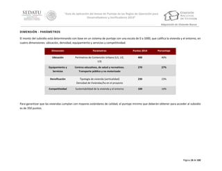 “Guía de aplicación del Anexo de Puntaje de las Reglas de Operación para
Desarrolladores y Verificadores 2014”
Adquisición de Vivienda Nueva

DIMENSIÓN - PARÁMETROS
El monto del subsidio está determinando con base en un sistema de puntaje con una escala de 0 a 1000, que califica la vivienda y el entorno, en
cuatro dimensiones: ubicación, densidad, equipamiento y servicios y competitividad.
Dimensión

Parámetros

Puntos 2014

Porcentaje

Ubicación

Perímetros de Contención Urbana (U1, U2,
U3)

400

40%

Equipamiento y
Servicios

Centros educativos, de salud y recreativos.
Transporte público y no motorizado

270

27%

Densificación

Tipología de vivienda (verticalidad)
Densidad de Viviendas/ha en el proyecto

230

23%

Competitividad

Sustentabilidad de la vivienda y el entorno

100

10%

Para garantizar que las viviendas cumplan con mayores estándares de calidad, el puntaje mínimo que deberán obtener para acceder al subsidio
es de 350 puntos.

Página 18 de 100

 