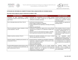 “Guía de aplicación del Anexo de Puntaje de las Reglas de Operación para
Desarrolladores y Verificadores 2014”
Adquisición de Vivienda Nueva

CATÁLOGO DE OPCIONES DE COMPETITIVIDAD PARA ADQUISICIÓN DE VIVIENDA NUEVA
(El puntaje máximo eligiendo cualquier combinación de medidas es 100)
MEDIDA SUSTENTABLE

EVIDENCIA DESARROLLADOR

ENTIDAD SUPERVISORA

Calentador de agua instantáneo o rápida
recuperación cuando se instaló calentador solar de
agua. Ficha 2

• Certificados de cumplimiento con las normas oficiales
mexicanas que le aplican, emitidos por un organismo de
certificación acreditado y aprobado.

WC con descarga máxima de 4 litros. Ficha 13

• Certificación de descarga máxima.
• Grado ecológico otorgado por CONAGUA.
• Prueba de laboratorio que especifique la descarga del equipo
sanitario.
• Factura con especificación.
• Certificado de cumplimiento vigente de las normas oficiales
mexicanas que le aplican en un laboratorio avalado por la
COFEPRIS.
• Dictamen sanitario de efectividad bacteriológica, COFEPRIS.
• Carta responsiva de colocación de tarja y filtro instalado.

Producto instalado o en su caso, se
puede revisar en bodega con Carta
responsiva de colocación firmada
por el desarrollador.
Inodoro instalado con engomado de
descarga máxima.

Filtros de purificación de agua instalados en tarja
con dos repuestos. Ficha 14

Sellado en puertas y ventanas. Ficha 15

• Existencia de materiales colocados y en su caso, si existen
fichas de especificaciones de producto.

Vivienda equipada y diseñada para personas con
discapacidad. Ficha 21

• Proyecto Ejecutivo aprobado por autoridades competentes.
• Supervisión y chequeo de medidas mínimas para la obra y
construcción conforme a diseño.
• Planos con especificaciones.
• Fichas técnicas de materiales.
• Certificado de cumplimiento con las normas oficiales
mexicanas que le aplican con evidencia de la eficacia luminosa
requerida, emitido por un organismo de certificación
debidamente acreditado y aprobado.
• Cumplimiento de consideraciones.

Al menos 50% de lámparas LED (de mínimo 3.5 W y
cumplir con una eficiencia mínima de 80 lm/W, y de
tipo omnidireccional. Ficha 16

Filtro instalado en tarja con número
de cartuchos que correspondan (Ver
recuadro consideraciones). En su
caso revisión en bodega con carta
responsiva de entrega firmada por el
desarrollador.
Que
los
materiales
estén
debidamente colocados acorde con
especificaciones y consideraciones.
•Cumplimiento en obra concluida de
las consideraciones 1,2 y 3 además
de una opción de las numeradas 4,5
ó 6.
Las lámparas deberán estar
colocadas, o bien en bodega con
carta responsiva de entrega firmada
por el desarrollador.

Página 46 de 100

 