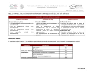 “Guía de aplicación del Anexo de Puntaje de las Reglas de Operación para
Desarrolladores y Verificadores 2014”
Adquisición de lote con servicios
REGLAS PARTICULARES, EVIDENCIAS Y VERIFICACIÓN PARA ADQUISICIÓN DE LOTE CON SERVICIOS
DIMENSIÓN: UBICACIÓN LOTES CON SERVICIOS
Evidencia desarrollador

Verificación SIG RUV

Carga en RUV cuatro planos
• Plano de sembrado de los lotes individuales DWG
georreferenciado.
• Plano de equipamiento interior DWG
georreferenciado.
• Plano de equipamiento exterior DWG
georreferenciado.
• Plano
topográfico
vialidad,
DWG
georreferenciado.

Verificación en SIG RUV
• Plano de sembrado de lotes individuales en
DWG georreferenciado.
• Plano
de
equipamiento
en
DWG
georreferenciado, con la ubicación del
equipamiento a medir, en operación,
construido o el sitio en el que se construirá
según sea el caso.
• Foto georreferenciada del equipamiento en
operación

Entidad Supervisora
Verificación de planos
• Corrobora en pantalla que los planos de
cartografía, sembrado de lotes y equipamiento
interior y exterior, estén correctos y contengan
la información requerida, para su posterior
verificación en sitio.
Verificación en sitio
• Corrobora existencia física los lotes con
servicios, de conformidad con el plano de
fraccionamiento aprobado.

MOBILIARIO URBANO
El mobiliario urbano se refiere a los elementos de la urbanización del fraccionamiento que otorgarán mayor calidad al entorno urbano.
DIMENSIÓN

PARÁMETROS
Guarniciones

Banquetas
MOBILIARIO URBANO Arroyos vehiculares
(máx: 250 pts)
Recubrimiento en superficies de rodamiento
Centro comunitario
Áreas de donación con equipamiento
MÁXIMOS PUNTOS A OBTENER

PUNTAJE
25
35
40
50
50
50
250

Página 69 de 100

 
