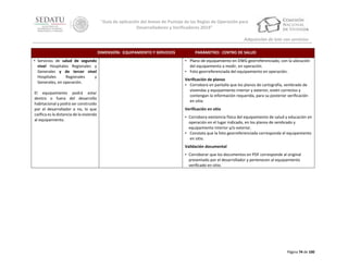 “Guía de aplicación del Anexo de Puntaje de las Reglas de Operación para
Desarrolladores y Verificadores 2014”
Adquisición de lote con servicios
DIMENSIÓN: EQUIPAMIENTO Y SERVICIOS
• Servicios de salud de segundo
nivel Hospitales Regionales y
Generales y de tercer nivel
Hospitales
Regionales
y
Generales, en operación.
El equipamiento podrá estar
dentro o fuera del desarrollo
habitacional y podrá ser construido
por el desarrollador o no, lo que
califica es la distancia de la vivienda
al equipamiento.

PARÁMETRO: CENTRO DE SALUD
• Plano de equipamiento en DWG georreferenciado, con la ubicación
del equipamiento a medir, en operación.
• Foto georreferenciada del equipamiento en operación.
Verificación de planos
• Corrobora en pantalla que los planos de cartografía, sembrado de
viviendas y equipamiento interior y exterior, estén correctos y
contengan la información requerida, para su posterior verificación
en sitio.
Verificación en sitio
• Corrobora existencia física del equipamiento de salud y educación en
operación en el lugar indicado, en los planos de sembrado y
equipamiento interior y/o exterior.
• Constata que la foto georreferenciada corresponda el equipamiento
en sitio.
Validación documental
• Corroborar que los documentos en PDF corresponde al original
presentado por el desarrollador y pertenecen al equipamiento
verificado en sitio.

Página 74 de 100

 