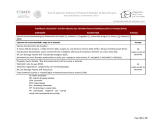 “Guía de aplicación del Anexo de Puntaje de las Reglas de Operación para
Desarrolladores y Verificadores 2014”
Autoproducción de vivienda rural
PUNTAJE DE UBICACIÓN Y SUSTENTABILIDAD DEL ENTORNO PARA AUTOPRODUCCIÓN DE VIVIENDA RURAL
DIMENSIÓN

PARÁMETROS

PUNTAJE

Válvulas de seccionamiento para alimentación en lavabos (2), inodoros (1), fregadero (2), calentador de agua (1), tinaco (1) y cisterna (1)
(ECO).
Opciones de sustentabilidad a elegir en la Vivienda

Puntaje

Sistema de tratamiento de desechos: .
Al menos 50% de lámparas LED (de mínimo 3.5W y cumplir con una eficiencia mínima de 80 lm/W, y de tipo omnidireccional) (ECO.)
Incorporación de partesoles opacos (mínimo 40 cm) en todas las aberturas de ventana en fachadas sur, este y oeste (DS).
WC con descarga máxima de 5 litros (Grado ecológico) (ECO).
Aislamiento en muro de mayor asoleamiento o techo, que cumpla con valor mínimo “R” de la NMX-C-460-ONNCCE-2009 (DS).

30
(cada una de las
opciones)

Traspatio: Huerto familiar / Cría de animales dentro del terreno de la vivienda.
Calentador solar de agua (ECO).
Materiales regionales en cumplimiento con normatividad (DS).
WC con descarga máxima de 4 litros (ECO).
Pintura exterior (cuando se requiera según el material constructivo a utilizar) (COM).

40
(cada una de las
opciones)

DS: Diseño sustentable
IMP: Incentivo a mejores prácticas
COM: Comunidad
ECO: Ecotecnologías
MYC: Movilidad y conectividad
INF: Herramienta para recabar datos
PB: prerrequisitos obligatorios para vivienda
vertical mismo que además suma puntaje

Página 96 de 100

 