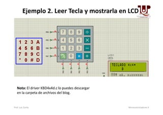 Ejemplo 2. Leer Tecla y mostrarla en LCD
Nota: El driver KBD4x4d.c lo puedes descargar
en la carpeta de archivos del blog.
Prof. Luis Zurita Microcontroladores II
 