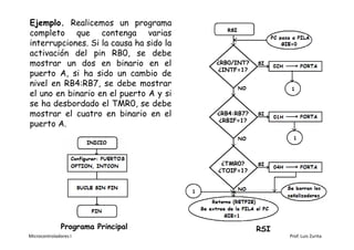 Ejemplo. Realicemos un programa
completo que contenga varias
interrupciones. Si la causa ha sido la
activación del pin RB0, se debe
mostrar un dos en binario en el          ¿RB0/INT?
                                          ¿INTF=1?
puerto A, si ha sido un cambio de
nivel en RB4:RB7, se debe mostrar
el uno en binario en el puerto A y si
se ha desbordado el TMR0, se debe
mostrar el cuatro en binario en el       ¿RB4:RB7?
                                         ¿RBIF=1?
puerto A.



                                          ¿TMR0?
                                         ¿TOIF=1?




               Programa Principal                    RSI
Microcontroladores I                                       Prof. Luis Zurita
 