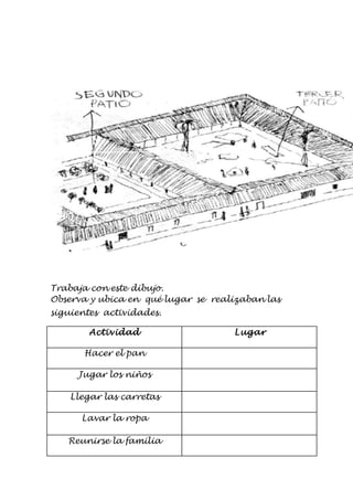 Trabaja con este dibujo. 
Observa y ubica en qué lugar se realizaban las 
siguientes actividades. 
Actividad Lugar 
Hacer el pan 
Jugar los niños 
Llegar las carretas 
Lavar la ropa 
Reunirse la familia 
 