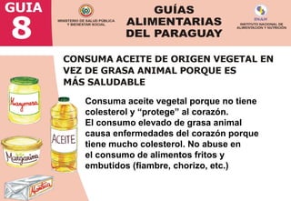 Consuma aceite vegetal porque no tiene
colesterol y “protege” al corazón.
El consumo elevado de grasa animal
causa enfermedades del corazón porque
tiene mucho colesterol. No abuse en
el consumo de alimentos fritos y
embutidos (fiambre, chorizo, etc.)
 
