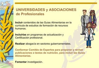 UNIVERSIDADES y ASOCIACIONES
de Profesionales

Incluir contenidos de las Guias Alimentarias en la
curricula de estudios de formación de recursos
humanos.

Incluirlas en programas de actualización y
Certificación profesional.

Realizar abogacía en sectores gubernamentales.

Conformar Comités de Expertos para proponer y revisar
publicaciones o textos de nutrición, para incluir las Guías
Alimentarias.

Fomentar investigación.
 