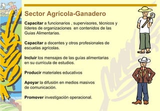 Sector Agrícola-Ganadero
Capacitar a funcionarios , supervisores, técnicos y
líderes de organizaciones en contenidos de las
Guias Alimentarias.

Capacitar a docentes y otros profesionales de
escuelas agrícolas.

Incluir los mensajes de las guías alimentarias
en su currícula de estudios.

Producir materiales educativos

Apoyar la difusión en medios masivos
de comunicación.

Promover investigación operacional.
 