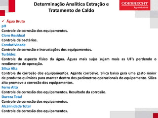 Determinação Analítica Extração e
Tratamento de Caldo
 Água Bruta
pH
Controle de corrosão dos equipamentos.
Cloro Residual
Controle de bactérias.
Condutividade
Controle de corrosão e incrustações dos equipamentos.
Turbidez
Controle do aspecto físico da água. Águas mais sujas sujam mais as UF’s perdendo o
rendimento de operação.
Sílica Alta
Controle de corrosão dos equipamentos. Agente corrosivo. Sílica baixa gera uma gasto maior
de produtos químicos para manter dentro dos parâmetros operacionais do equipamento. Sílica
alta promove a corrosão dos equipamentos.
Ferro Alto
Controle de corrosão dos equipamentos. Resultado da corrosão.
Dureza Total
Controle de corrosão dos equipamentos.
Alcalinidade Total
Controle de corrosão dos equipamentos.
 