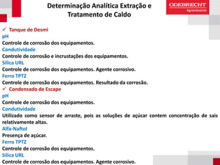 Determinação Analítica Extração e
Tratamento de Caldo
 Tanque de Desmi
pH
Controle de corrosão dos equipamentos.
Condutividade
Controle de corrosão e incrustações dos equipamentos.
Sílica URL
Controle de corrosão dos equipamentos. Agente corrosivo.
Ferro TPTZ
Controle de corrosão dos equipamentos. Resultado da corrosão.
 Condensado de Escape
pH
Controle de corrosão dos equipamentos.
Condutividade
Utilizado como sensor de arraste, pois as soluções de açúcar contem concentração de sais
relativamente altas.
Alfa-Naftol
Presença de açúcar.
Ferro TPTZ
Controle de corrosão dos equipamentos.
Sílica URL
Controle de corrosão dos equipamentos. Agente corrosivo.
 