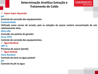 Determinação Analítica Extração e
Tratamento de Caldo
 Vapor Super Aquecido
pH
Controle de corrosão dos equipamentos.
Condutividade
Utilizado como sensor de arraste, pois as soluções de açúcar contem concentração de sais
relativamente altas.
Sílica URL
Corrosão nas paletas do gerador
Ferro TPTZ
Controle de corrosão dos equipamentos.
 Água Residual
ART %
Presença de açúcar (perda)
 Água Potável
Cloro Residual
Controle de cloro na água potável
pH
Controle de pH na água
 