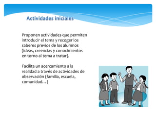 Proponen actividades que permiten
introducir el tema y recoger los
saberes previos de los alumnos
(ideas, creencias y conocimientos
en torno al tema a tratar).
Facilita un acercamiento a la
realidad a través de actividades de
observación (familia, escuela,
comunidad…)
 