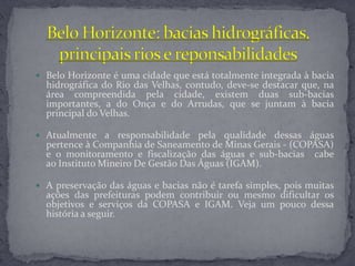  Belo Horizonte é uma cidade que está totalmente integrada à bacia
hidrográfica do Rio das Velhas, contudo, deve-se destacar que, na
área compreendida pela cidade, existem duas sub-bacias
importantes, a do Onça e do Arrudas, que se juntam à bacia
principal do Velhas.
 Atualmente a responsabilidade pela qualidade dessas águas
pertence à Companhia de Saneamento de Minas Gerais - (COPASA)
e o monitoramento e fiscalização das águas e sub-bacias cabe
ao Instituto Mineiro De Gestão Das Águas (IGAM).
 A preservação das águas e bacias não é tarefa simples, pois muitas
ações das prefeituras podem contribuir ou mesmo dificultar os
objetivos e serviços da COPASA e IGAM. Veja um pouco dessa
história a seguir.
 