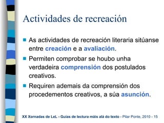 Actividades de recreación  <ul><li>As actividades de recreación literaria sitúanse entre  creación  e a  avaliación . </li...